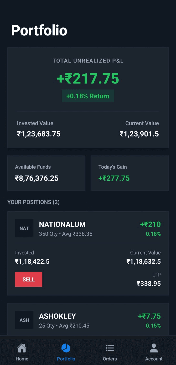 sprout. portfolio view with P&L breakdown and open positions