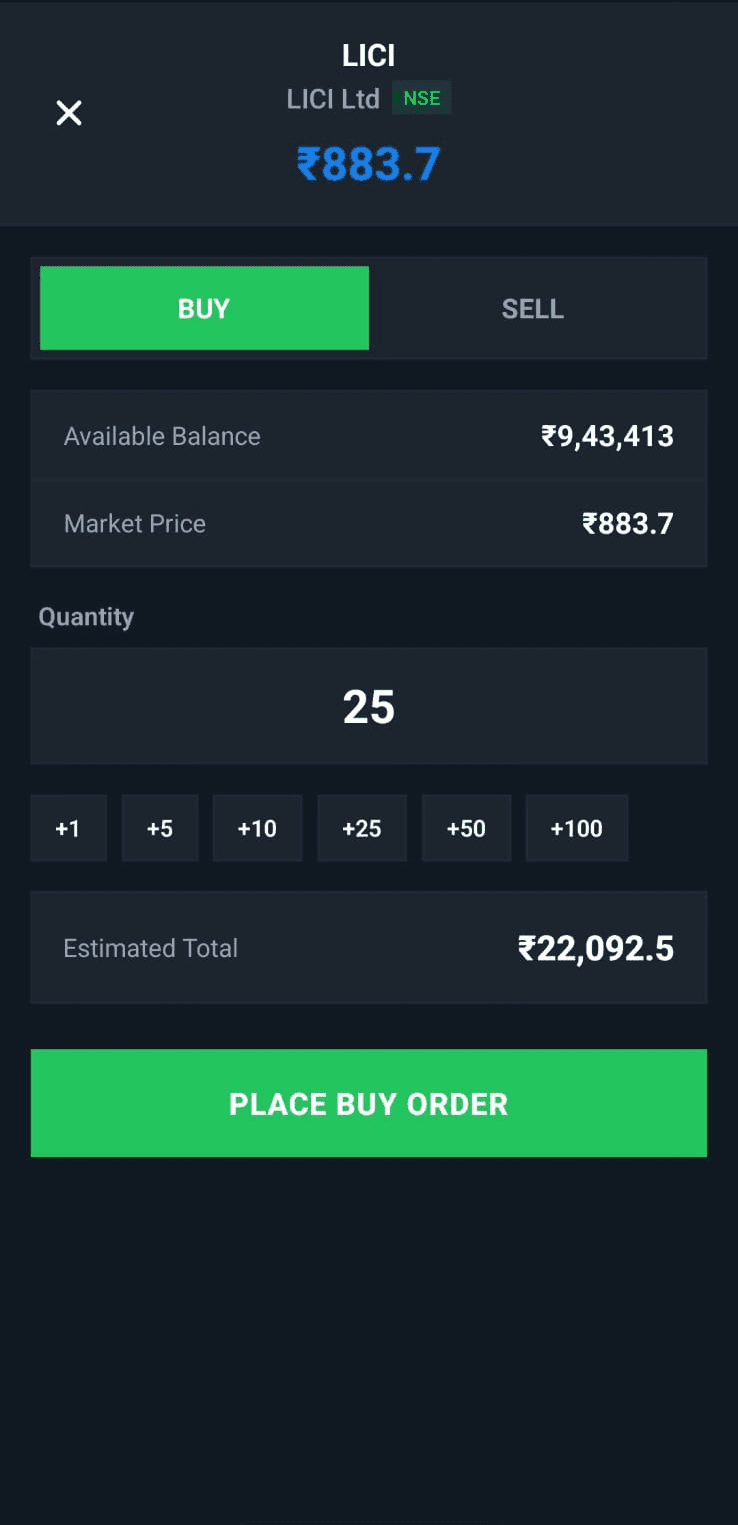 sprout. buy order screen for placing NSE stock purchases