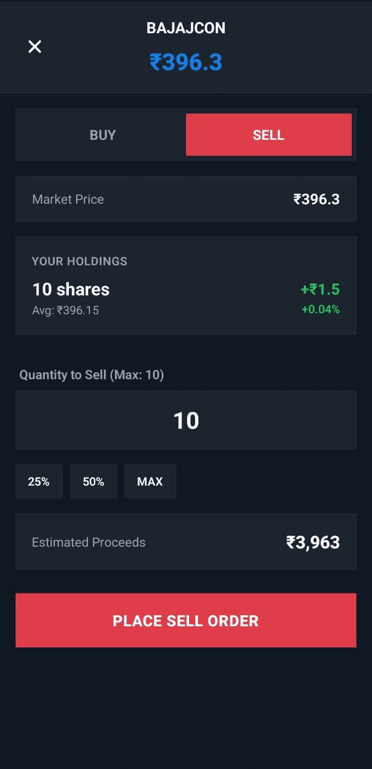sprout. sell order screen for executing NSE stock trades
