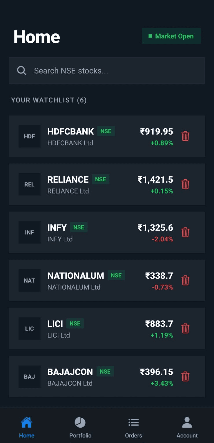 sprout paper trading app watchlist screen showing live NSE stock prices